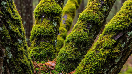 Mossy tree trunks in the forest. Green moss in the forest.の素材