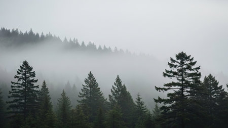Pine trees in a foggy forest, Carpathians, Ukraineの素材