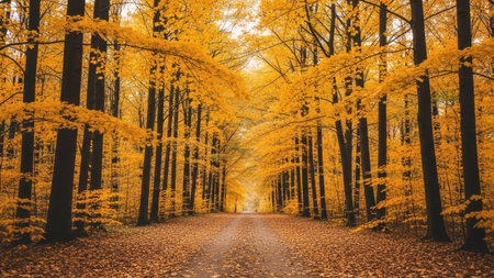 Autumnal forest road with yellow leaves. Beautiful nature scene.の素材