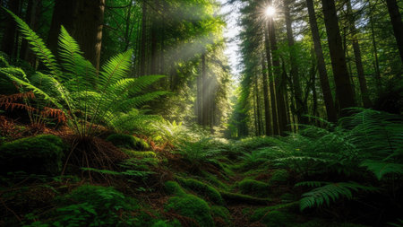 Beautiful forest landscape with sunlight shining through the trees and fernsの素材