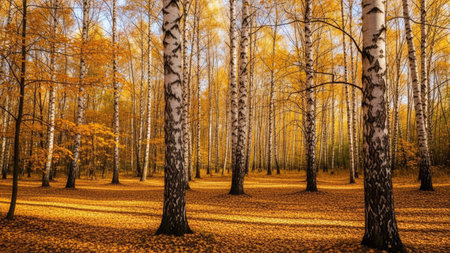 Autumn birch grove with yellow leaves and sunbeamsの素材