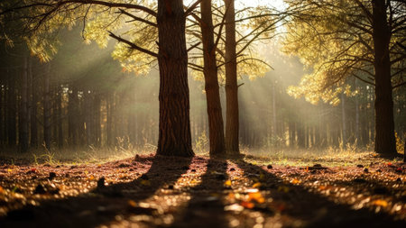 Morning in the autumn forest with sun rays through the branches of treesの素材