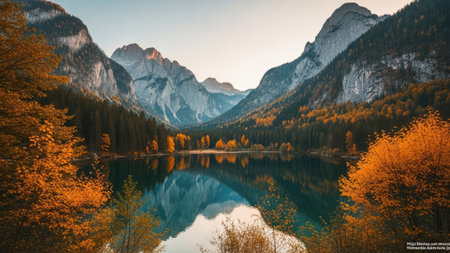 Beautiful autumn alpine lake with reflection of mountains in water.の素材