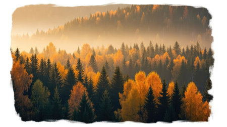 Foggy morning in the autumn coniferous forest. Vector illustrationの素材