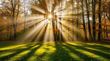 Sunbeams shining through the trees in the autumn forest. Landscape.の素材