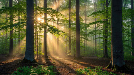 Morning in the forest with sunbeams passing through the trees.の素材