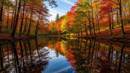 Beautiful autumn forest reflected in the lake. Colorful trees on the shore.の素材
