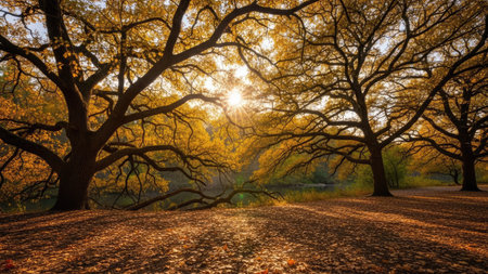 Sunset in the autumn forest. Old oak tree with golden leaves.の素材