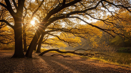 Sunset in the autumn park. Autumn landscape with trees and sun.の素材