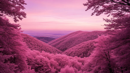 Beautiful landscape with pink forest in the mountains at sunset time.の素材