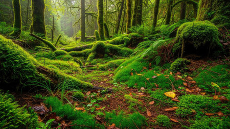 Beautiful green mossy forest in the morning light, HDR imageの素材