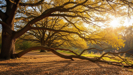 Sunset in an oak grove in autumn, with yellow leavesの素材