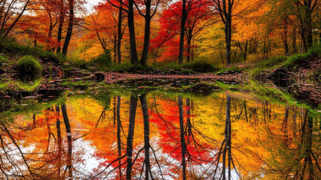 Autumn forest with reflection in the water. Colorful autumn treesの素材
