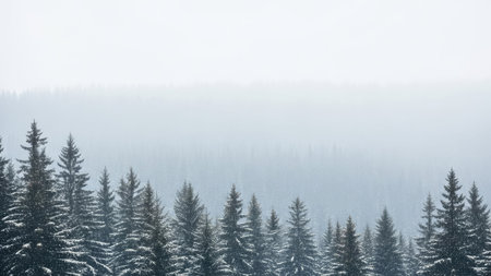 Foggy winter landscape with coniferous forest and snow covered treesの素材