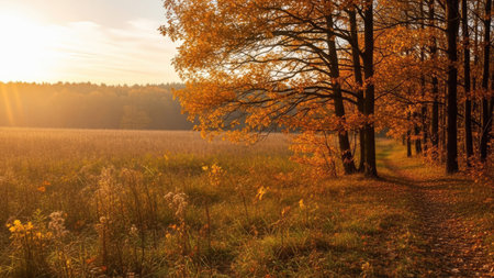 Autumn landscape with trees and meadow at sunset. Nature backgroundの素材