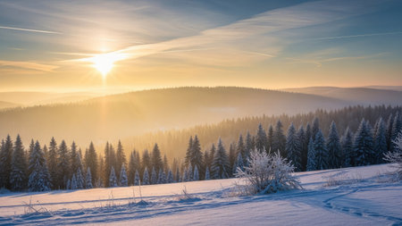 Majestic sunset in the winter mountains landscape. Dramatic wintry scene. Carpathian, Ukraine, Europe. Beauty world.の素材