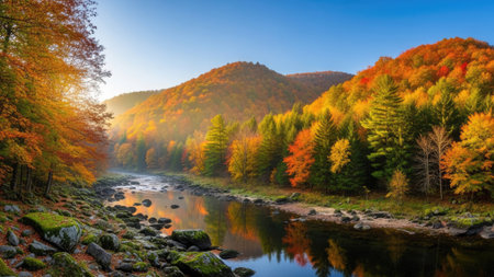 Autumn landscape with colorful forest and river. Colorful forest in autumn.の素材