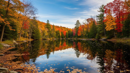Autumn landscape with colorful forest and lake, Ontario, Canada.の素材