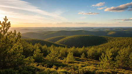 Aerial view of a pine forest in the mountains at sunset.の素材