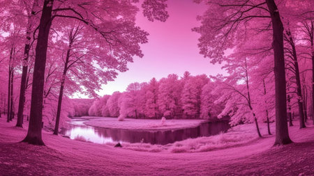 Beautiful winter landscape with a lake in the park. Pink tonedの素材