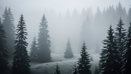 Foggy winter landscape with coniferous trees in the mountainsの素材
