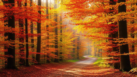 Beautiful autumn landscape with colorful forest. Fall season. Nature backgroundの素材