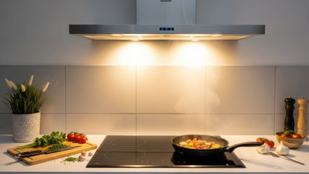 Frying pan with vegetables on the table in a modern kitchen.の素材