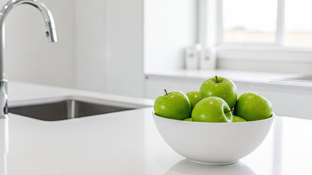 Green apples in a bowl on white kitchen countertop with faucetの素材