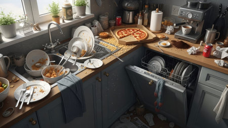 Kitchen interior with food and utensils. 3d illustrationの素材