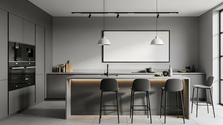 Interior of modern kitchen with gray walls, tiled floor, white cupboards and bar with stools. 3d renderingの素材