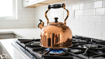 Modern copper kettle on a gas stove in the kitchen at home.の素材