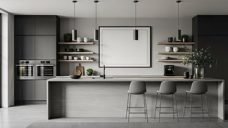 Interior of modern kitchen with gray walls, concrete floor, gray countertops with built in sink and bar with stools. Vertical mock up poster frame. 3d renderingの素材