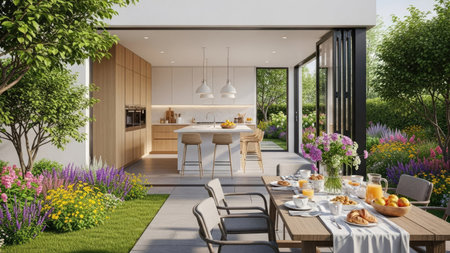 3d Illustration of a modern kitchen and dining room in a houseの素材