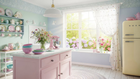 Interior of a children's room with a pink kitchen. 3d renderの素材