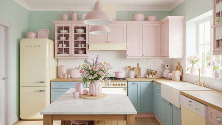 Kitchen in pastel colors. 3d render. Interior design.の素材