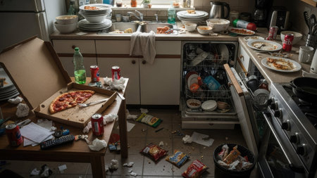 Pizza in the kitchen of an abandoned house. The concept of domestic violence.の素材