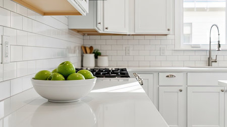 White kitchen interior with a white marble countertop and a bowl of green applesの素材