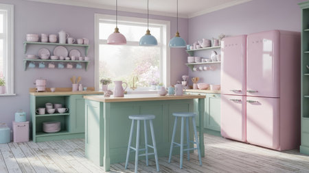 Kitchen interior design. 3d render illustration. Pink kitchen.の素材