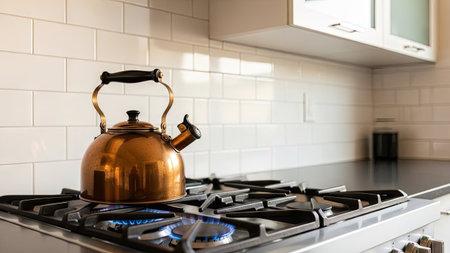 Closeup of a copper kettle on a gas stove in the kitchenの素材