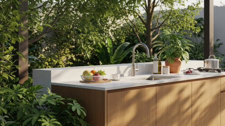 3d rendering of modern kitchen interior design. Kitchen set with sink, mirror, fruits and vegetables.の素材