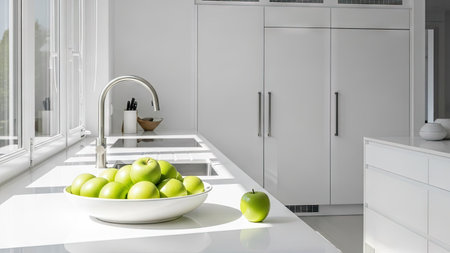 3d Illustration of white modern kitchen in a house with a beautiful designの素材