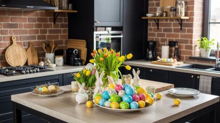Easter eggs on the table in the modern kitchen of the houseの素材