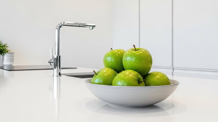 Green apples in a bowl on a white table in a modern kitchenの素材