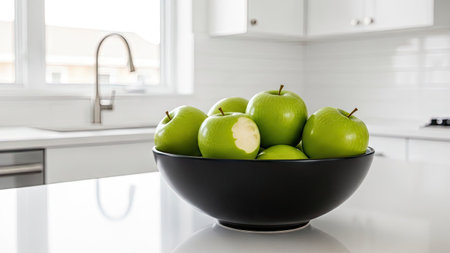 Green apples in a bowl on a white kitchen countertop. Front view.の素材