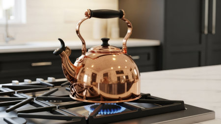 Modern copper kettle on gas stove in kitchen, closeup. Space for textの素材
