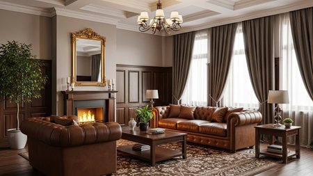 Classic living room with brown leather sofa and fireplace. 3d renderingの素材