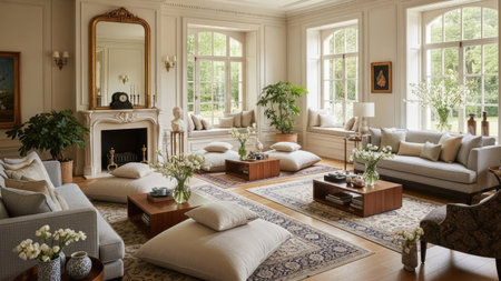 Luxury living room interior with fireplace, sofa, armchair and plantsの素材