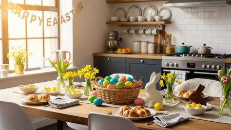 Easter table setting with colorful eggs and croissants in the kitchenの素材