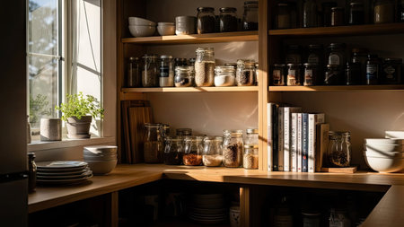 Shelves and utensils in a pantry at homeの素材