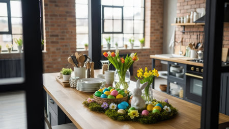 Easter table setting with colorful eggs and crocuses in modern kitchenの素材